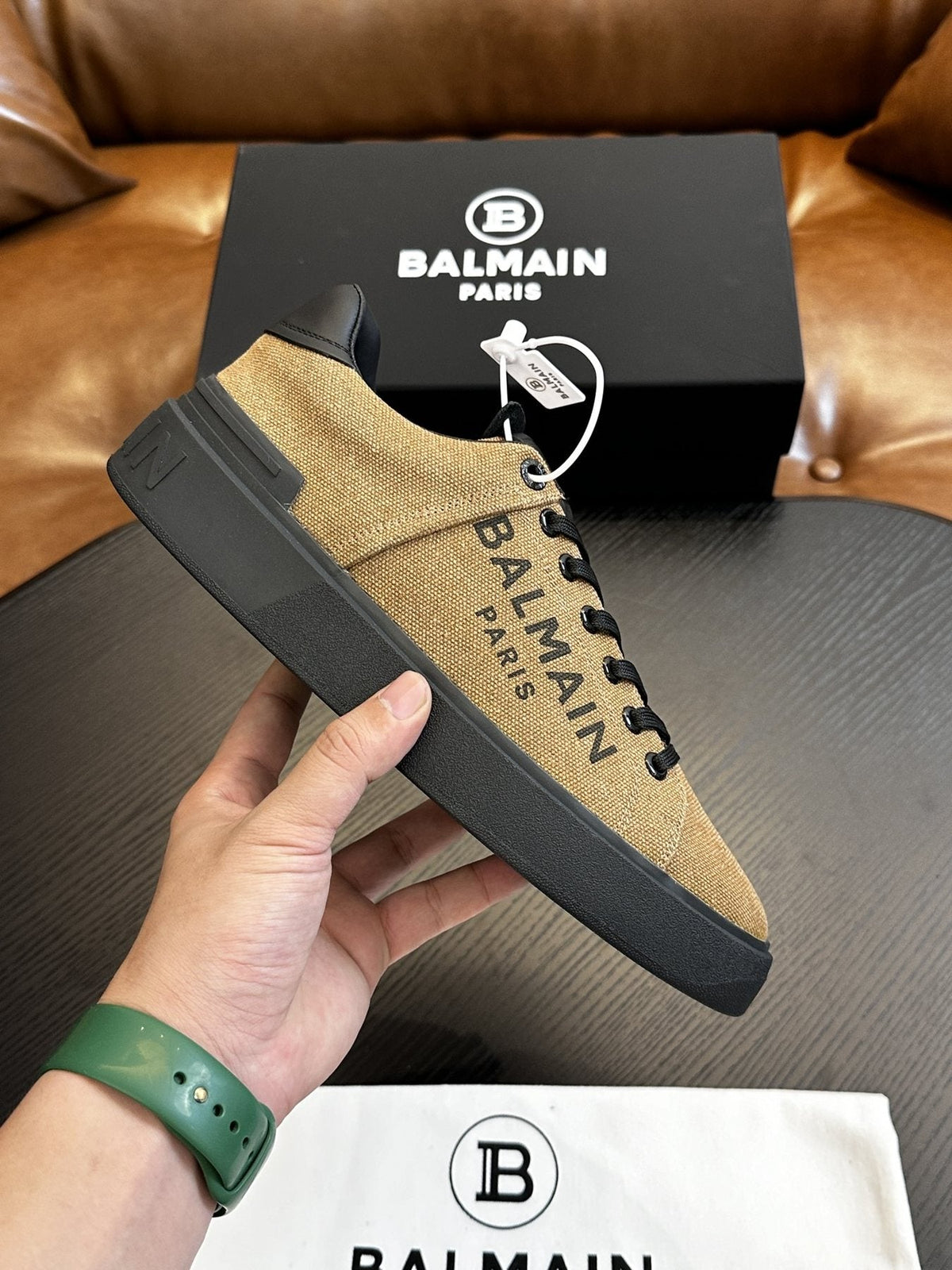 Balmain Tan and Black B-Skate Sneakers — side