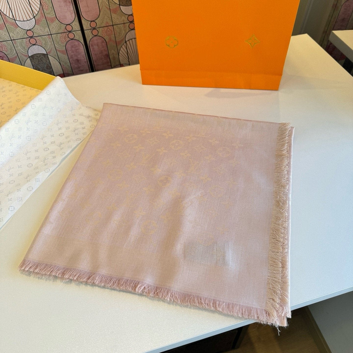 Louis Vuitton Blush Pink Fringed Scarf — back