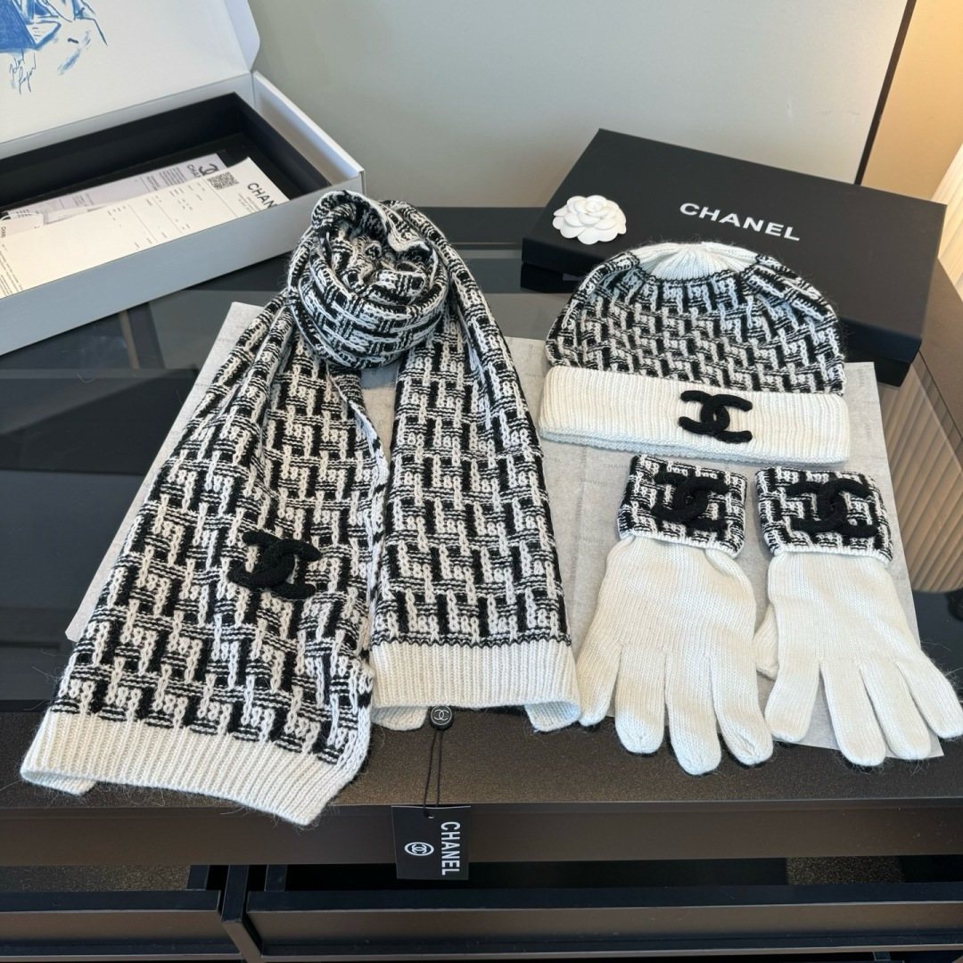 Chanel Logo Knit Hat, Scarf & Gloves Set — front