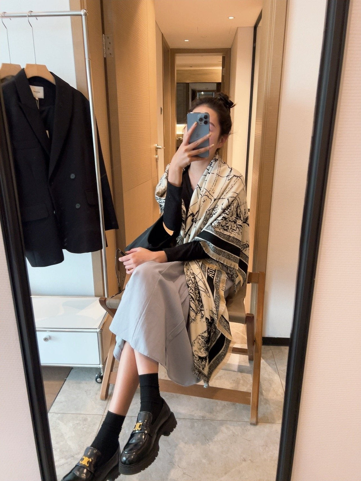 Dior Toile Print Fringed Shawl — model