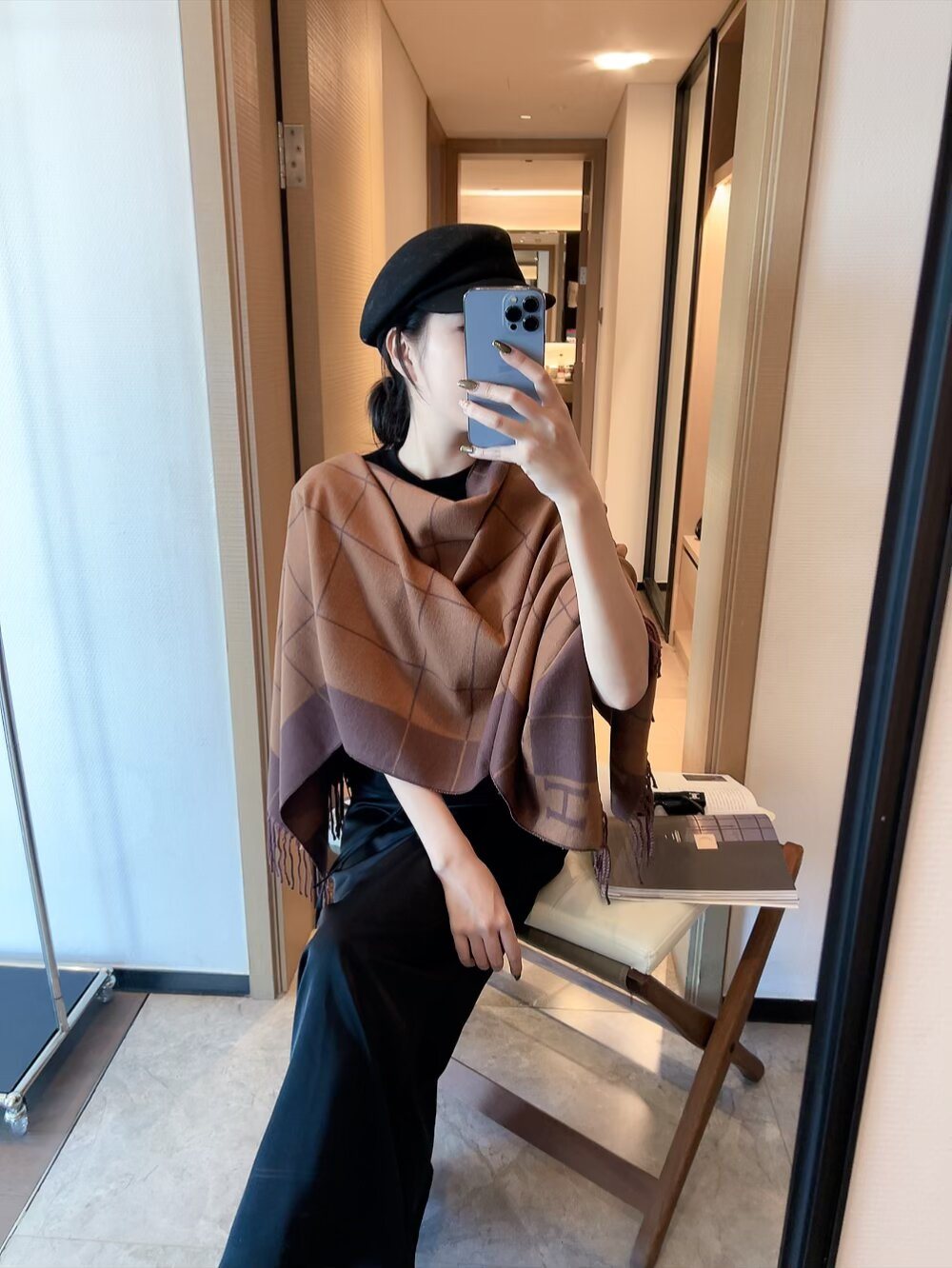Fringed Grid Motif Scarf — model