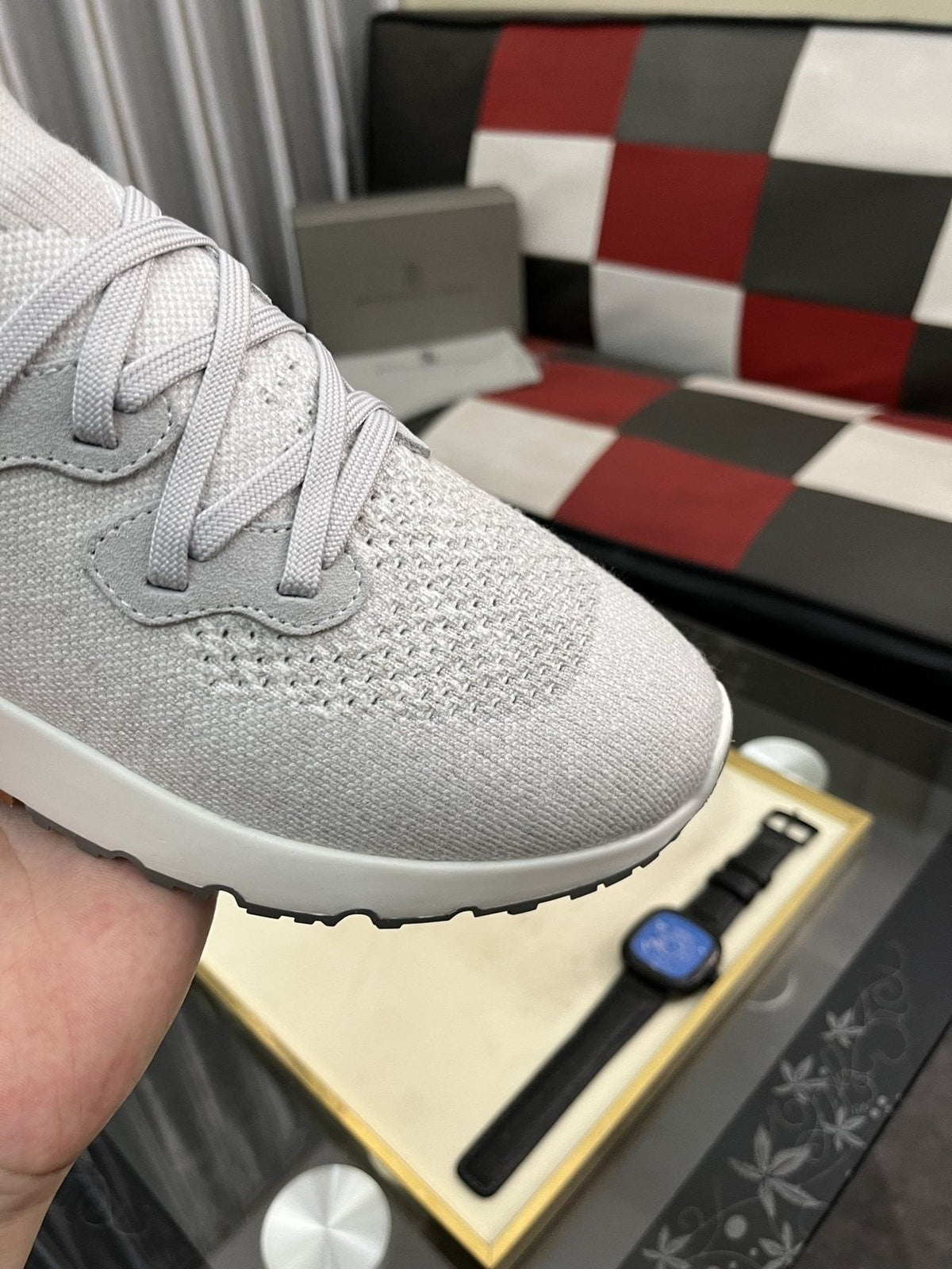 Brunello Cucinelli Men's Knit Lace-Up Sneakers — detail