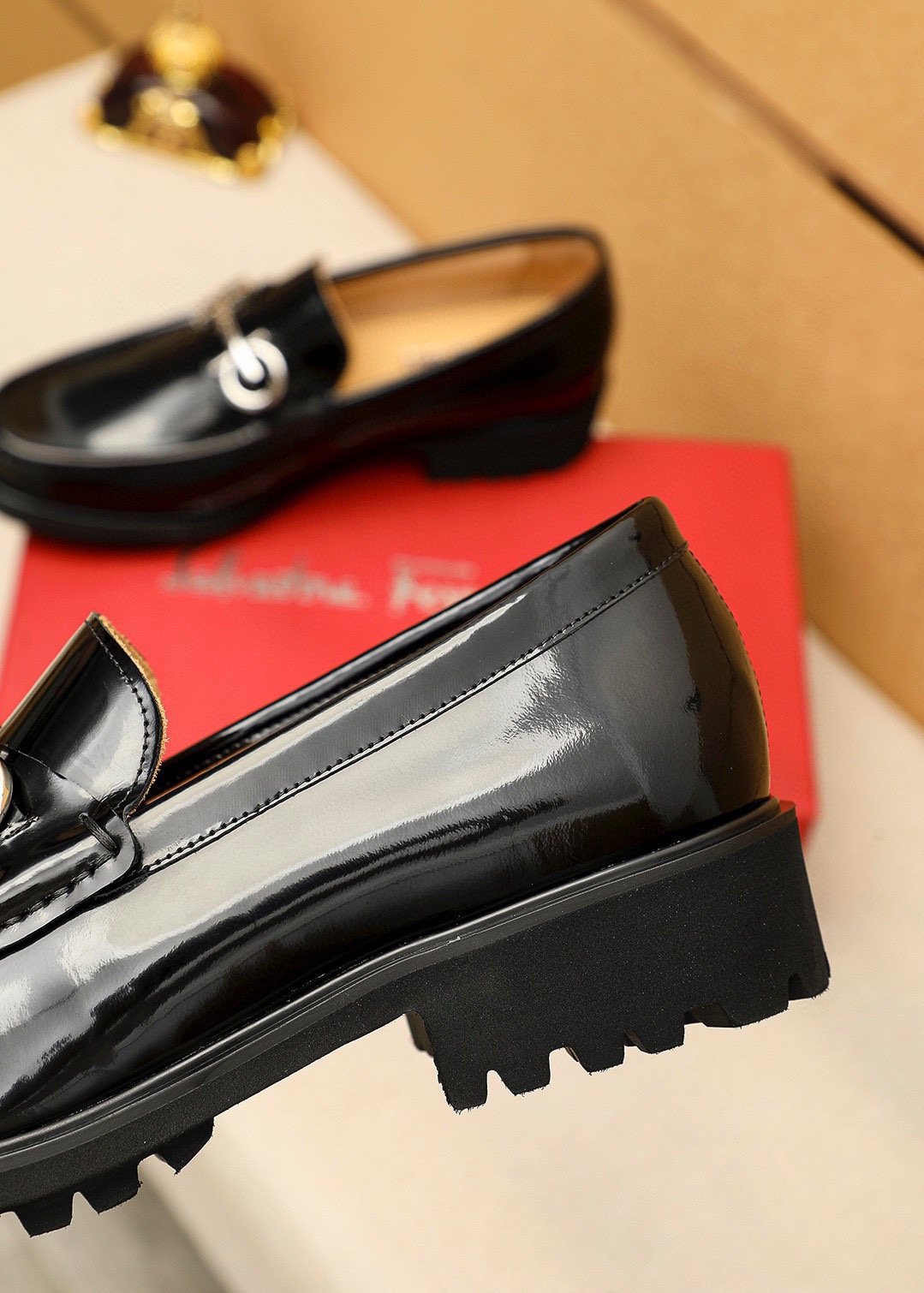 Ferragamo Black Metal-Hardware Loafers — detail