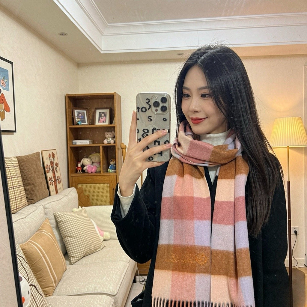 Loro Piana Pink Tan Lavender Plaid Scarf — model