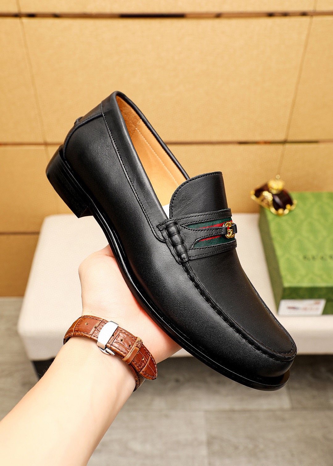 Gucci Leather Web Detail Loafers — model