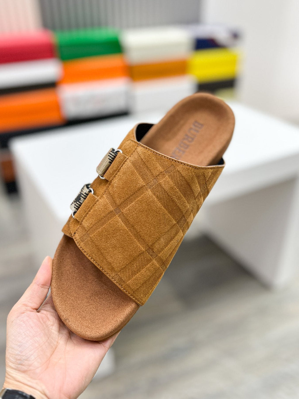 Burberry Navy Check Buckle Slide Sandals — detail