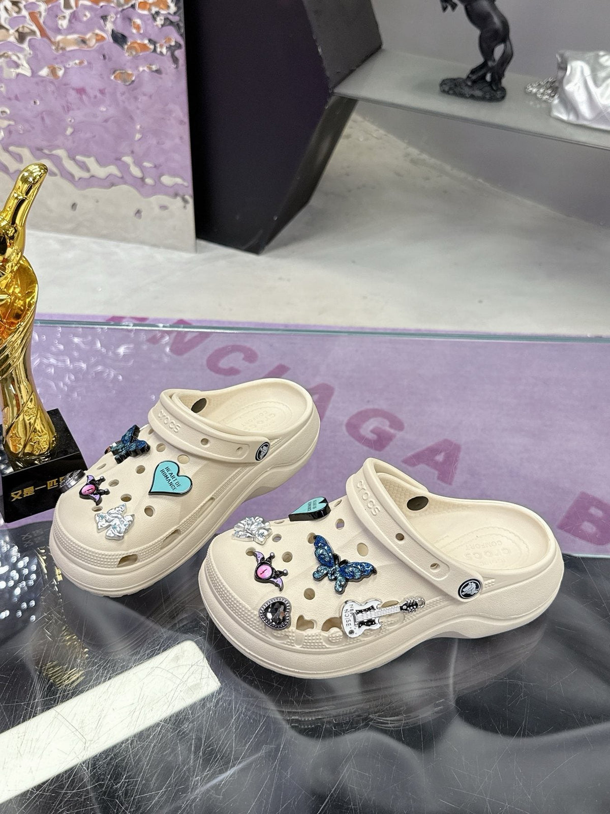 Crocs Cream Pearl Charm Platform Clogs — side
